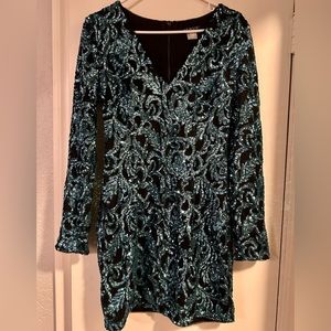 Venus black and blue sequin long sleeve dress. Size small